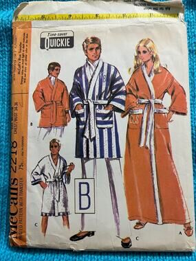 McCalls 2218 unisex robe long short pattern size medium
